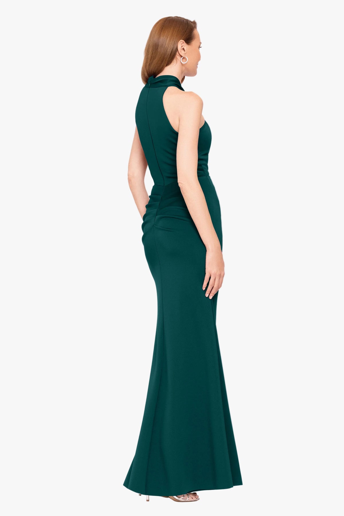 "Hazel" Scuba Crepe Knotted Neck Side Ruffle Dress - Hunter | Betsy & Adam