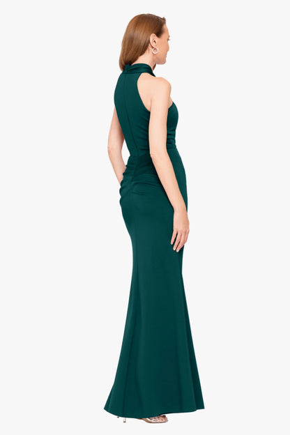 "Hazel" Scuba Crepe Knotted Neck Side Ruffle Dress - Hunter | Betsy & Adam