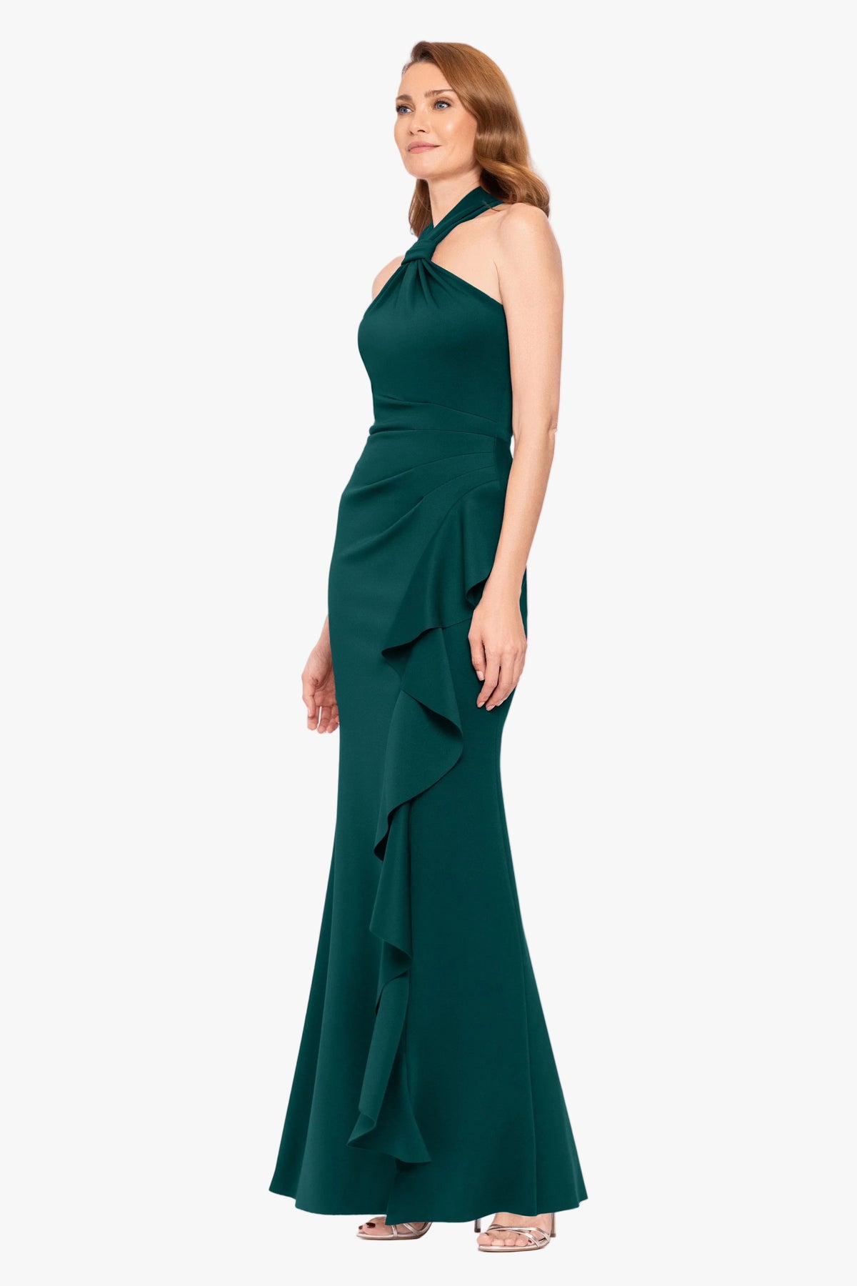 "Hazel" Scuba Crepe Knotted Neck Side Ruffle Dress - Hunter | Betsy & Adam