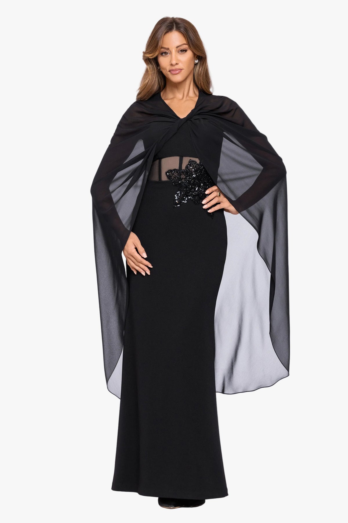 "Rose" Chiffon Twist Knot Long Cape - Black | Betsy & Adam