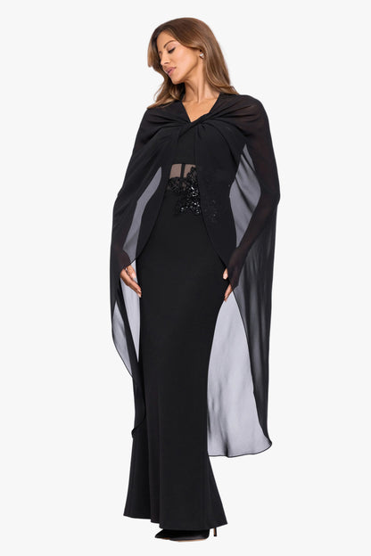 "Rose" Chiffon Twist Knot Long Cape - Black | Betsy & Adam