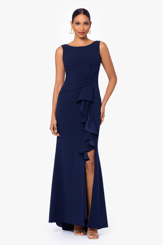 "Christine" Scuba Crepe Ruffled Bow Dress - Navy | Betsy & Adam