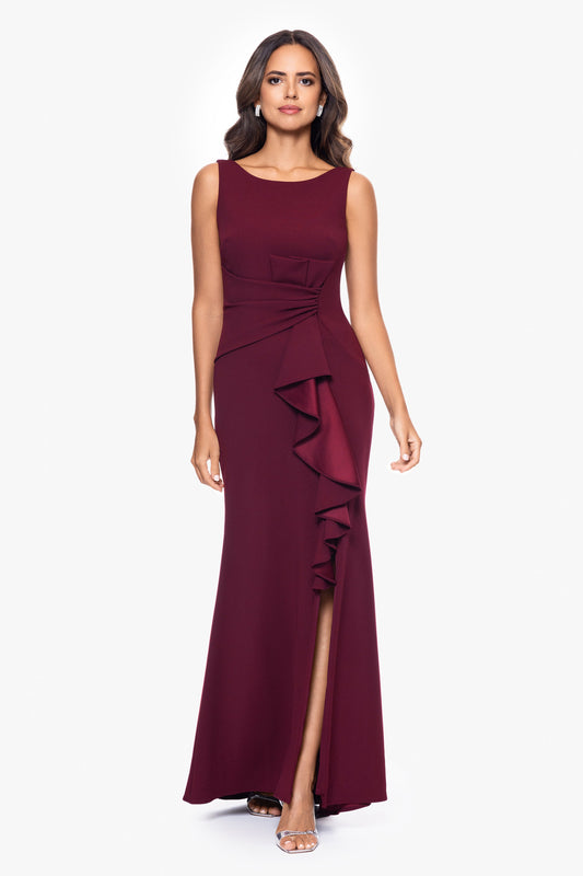 "Christine" Scuba Crepe Ruffled Bow Dress - Bordeaux | Betsy & Adam