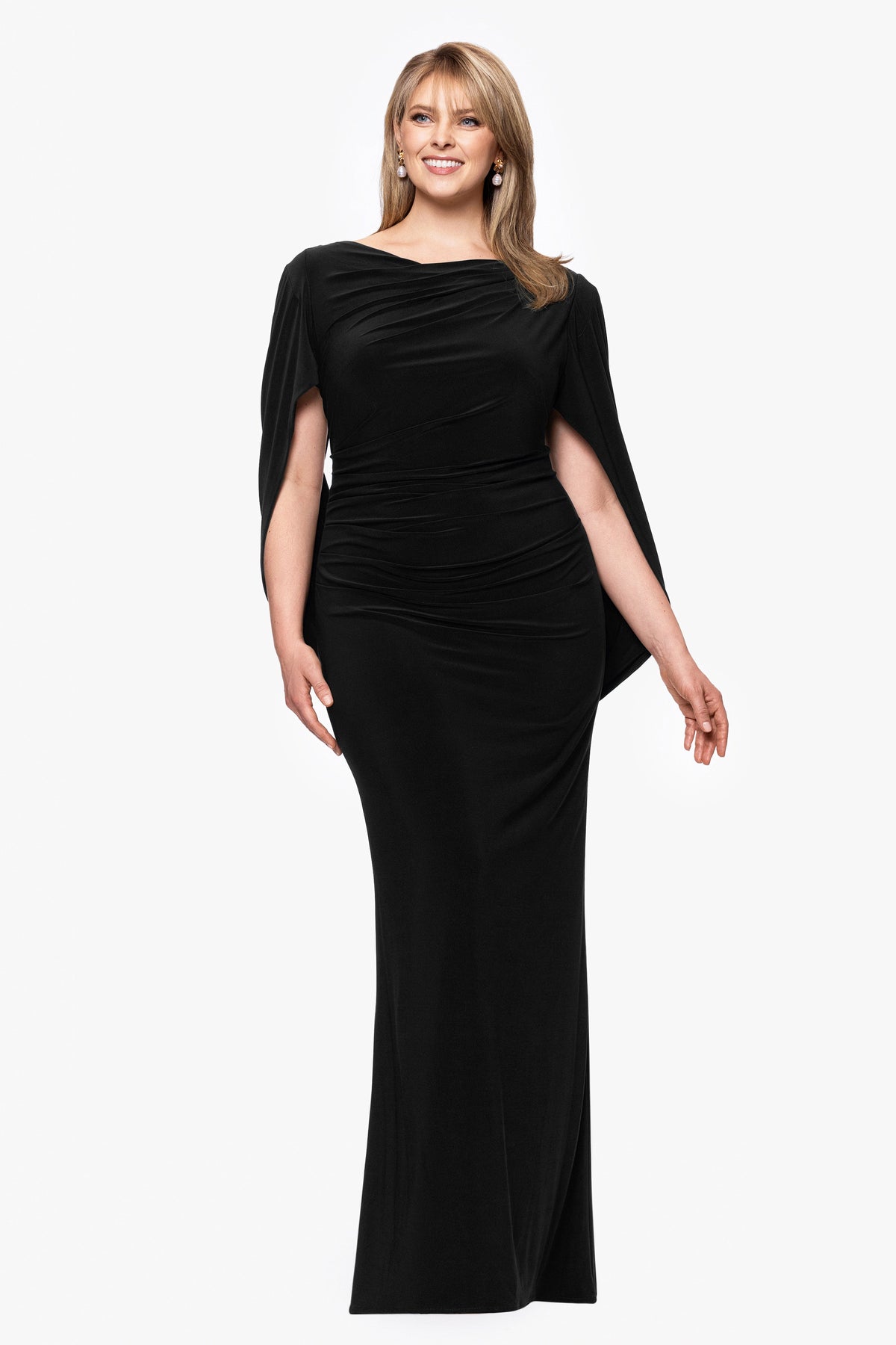 Plus “Miriam” Jersey Knit Draped Back Dress - Black | Betsy & Adam