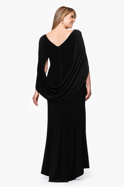 Plus “Miriam” Jersey Knit Draped Back Dress - Black | Betsy & Adam