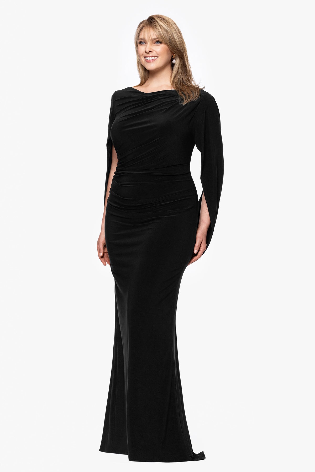 Plus “Miriam” Jersey Knit Draped Back Dress - Black | Betsy & Adam