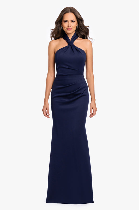 "Mae" Techno Scuba Knotted Halter Neck Dress - Navy | Betsy & Adam