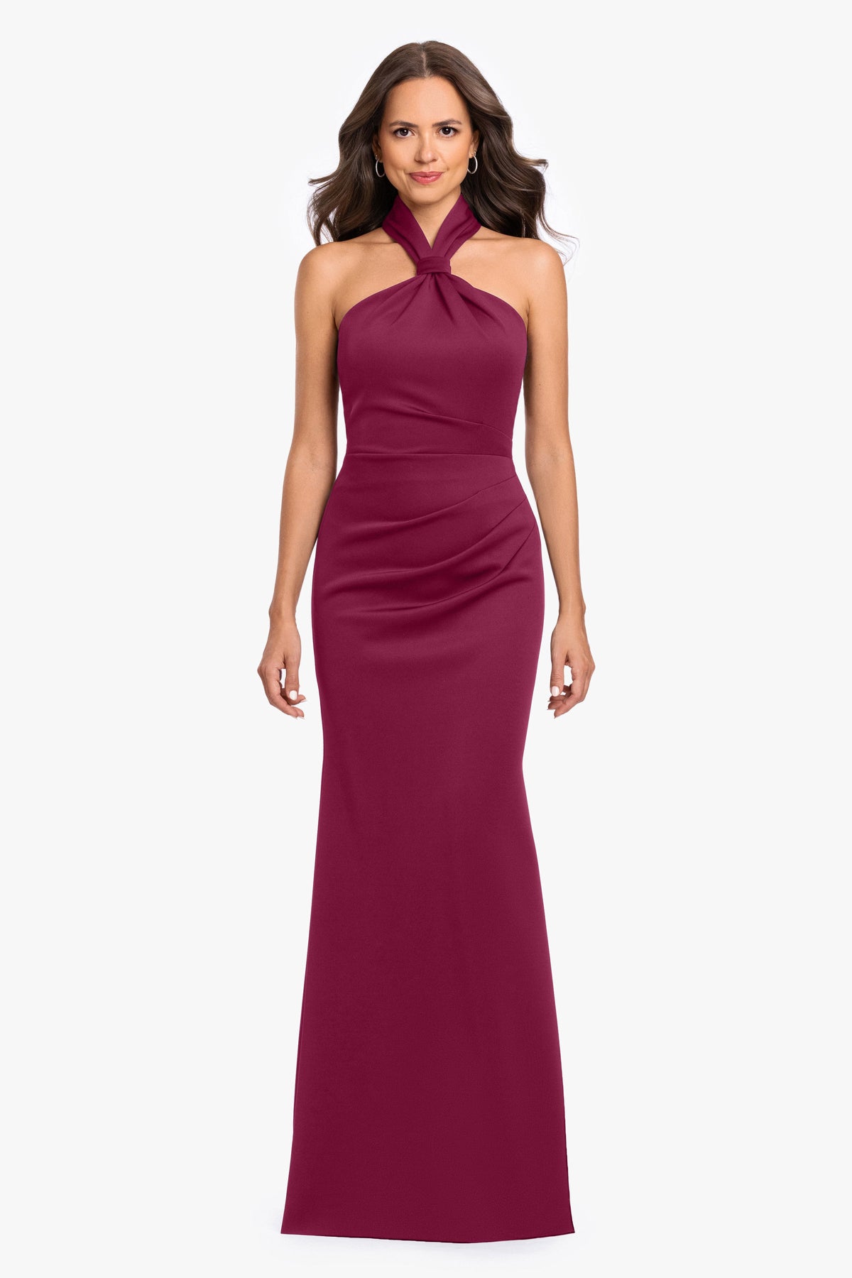"Mae" Techno Scuba Knotted Halter Neck Dress - Wine | Betsy & Adam