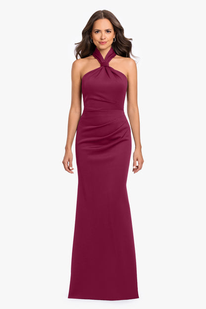 "Mae" Techno Scuba Knotted Halter Neck Dress - Wine | Betsy & Adam