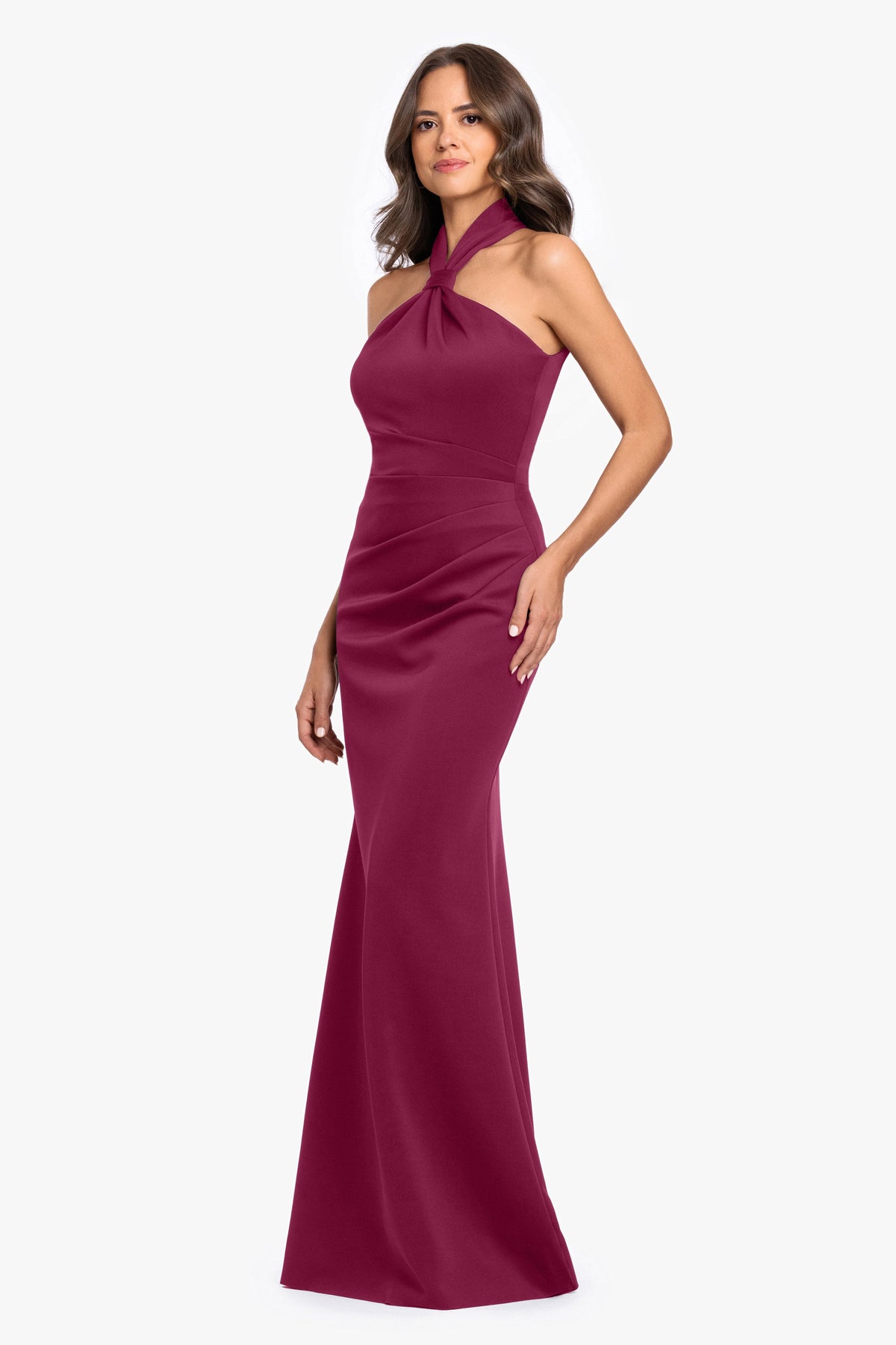 "Mae" Techno Scuba Knotted Halter Neck Dress - Wine | Betsy & Adam