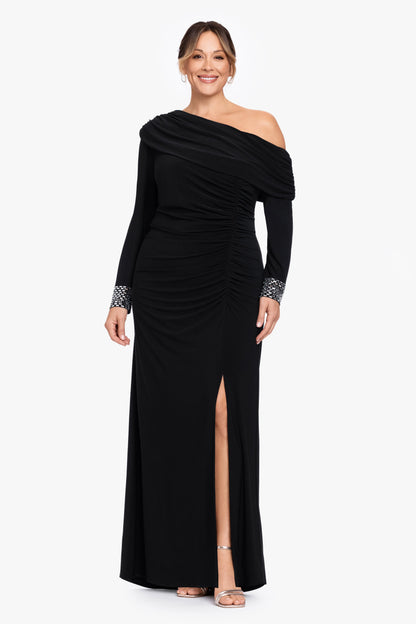 Plus "Crystal" Jersey Knit Beaded Cuff Sleeve Dress - Black/Silver | Betsy & Adam