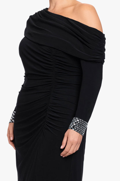 Plus "Crystal" Jersey Knit Beaded Cuff Sleeve Dress - Black/Silver | Betsy & Adam