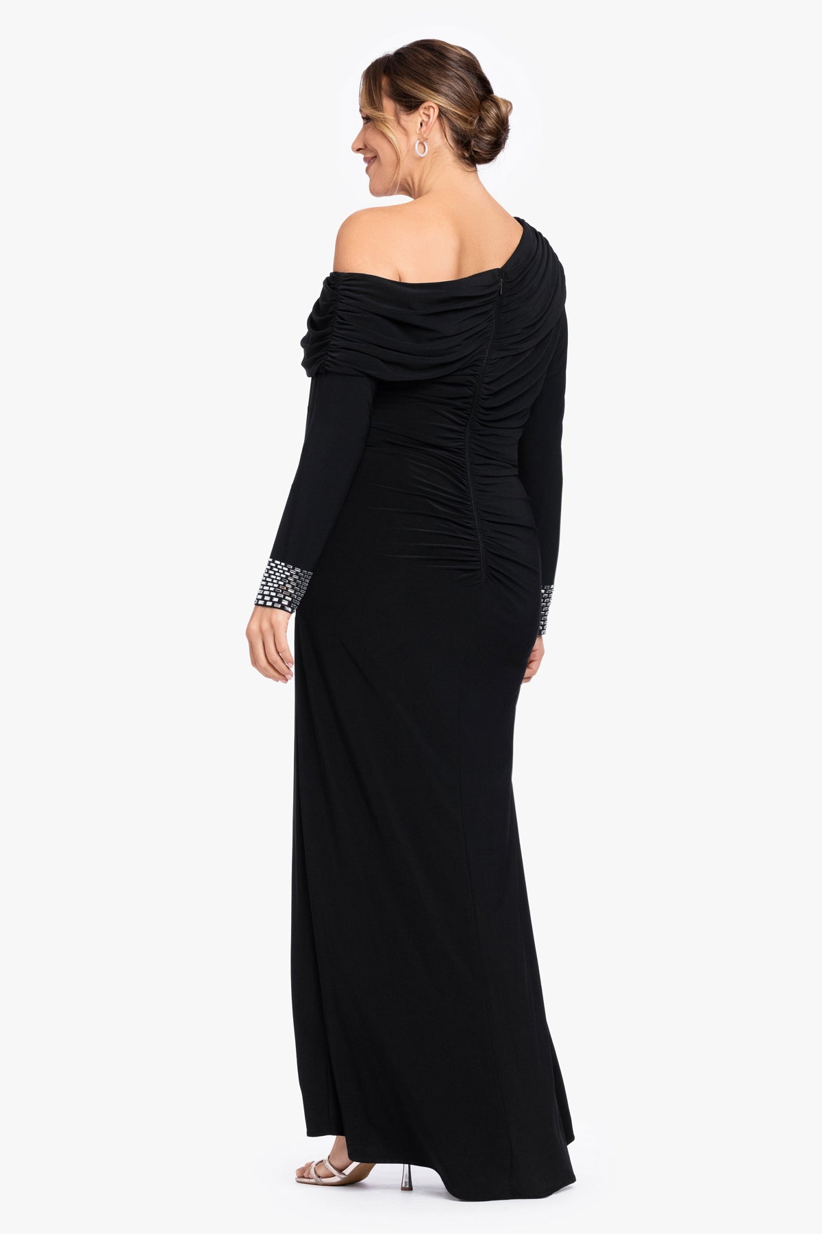 Plus "Crystal" Jersey Knit Beaded Cuff Sleeve Dress - Black/Silver | Betsy & Adam