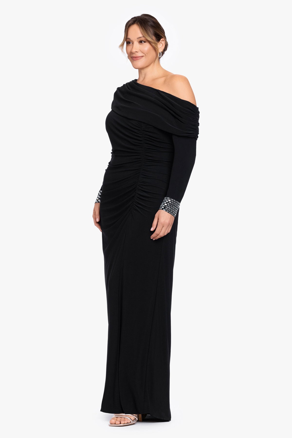 Plus "Crystal" Jersey Knit Beaded Cuff Sleeve Dress - Black/Silver | Betsy & Adam