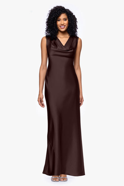"Amberly" Satin Drape Neck Dress - Brown | Betsy & Adam