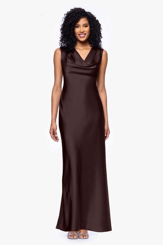 "Amberly" Satin Drape Neck Dress - Brown | Betsy & Adam