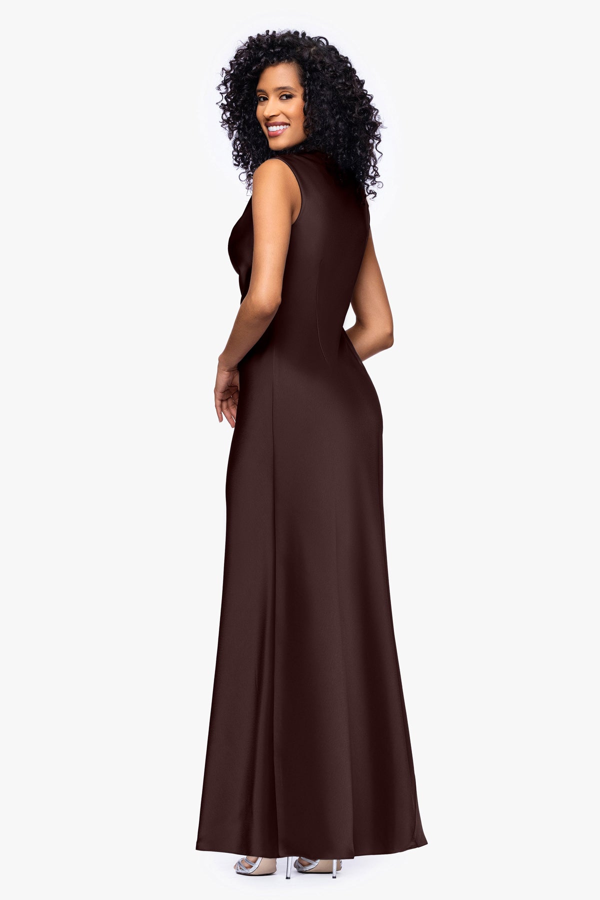 "Amberly" Satin Drape Neck Dress - Brown | Betsy & Adam
