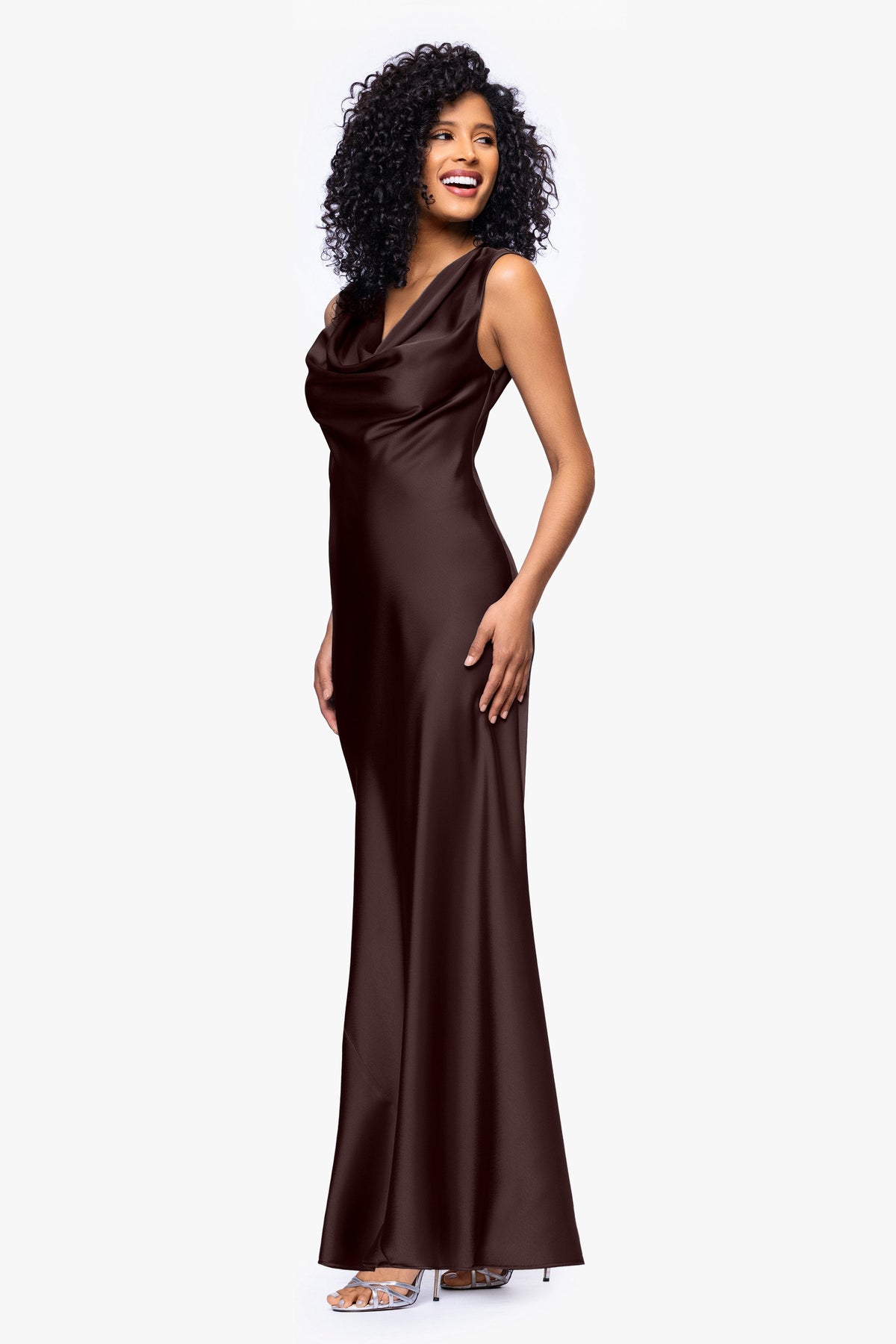 "Amberly" Satin Drape Neck Dress - Brown | Betsy & Adam