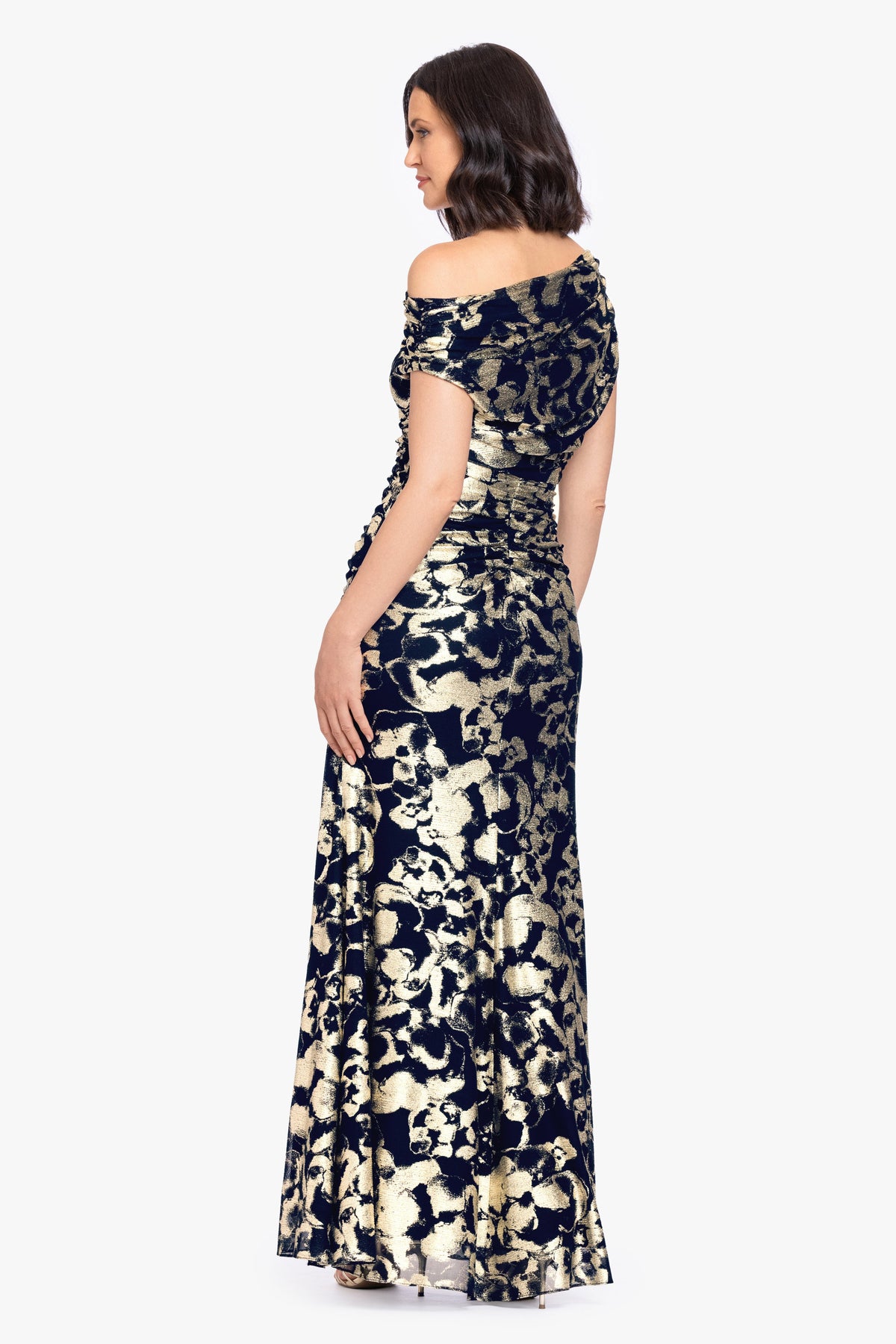 "Lauren" Foil Mesh Off The Shoulder Ruched Dress - Navy/Gold | Betsy & Adam