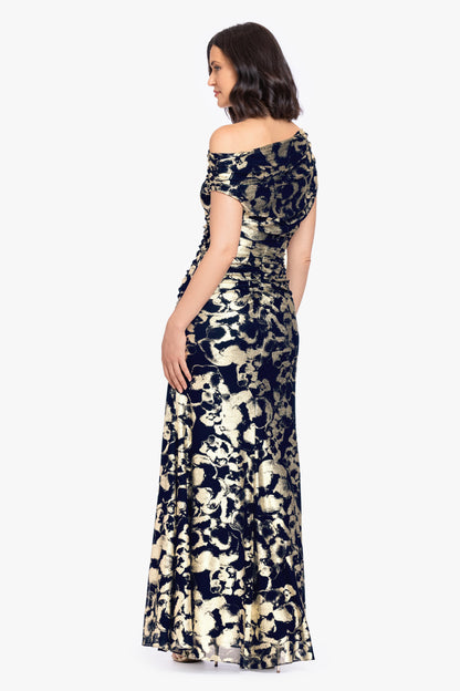 "Lauren" Foil Mesh Off The Shoulder Ruched Dress - Navy/Gold | Betsy & Adam