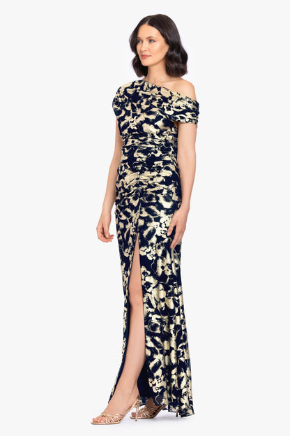 "Lauren" Foil Mesh Off The Shoulder Ruched Dress - Navy/Gold | Betsy & Adam