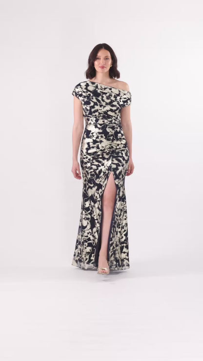 "Lauren" Foil Mesh Off The Shoulder Ruched Dress - Navy/Gold | Betsy & Adam