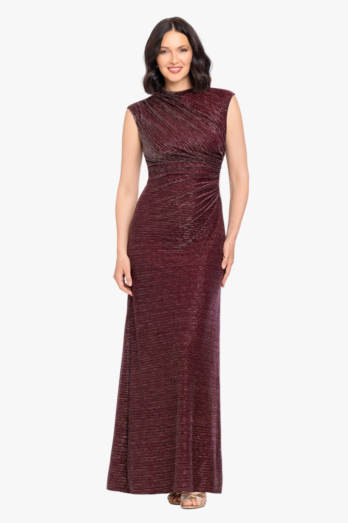 Petite "Nicole" Glitter Crinkle Mock Neck Dress - Wine/Gold | Betsy & Adam