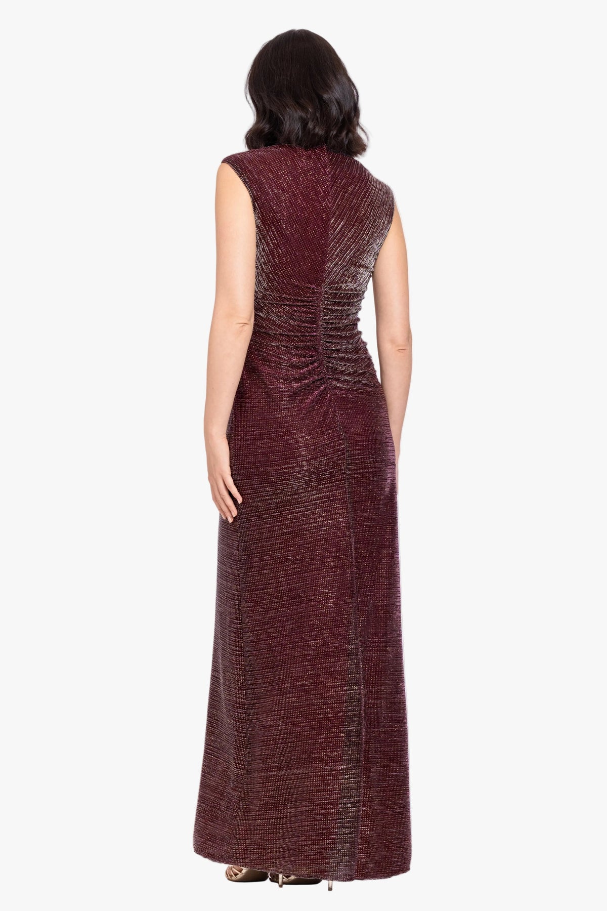 Petite "Nicole" Glitter Crinkle Mock Neck Dress - Wine/Gold | Betsy & Adam