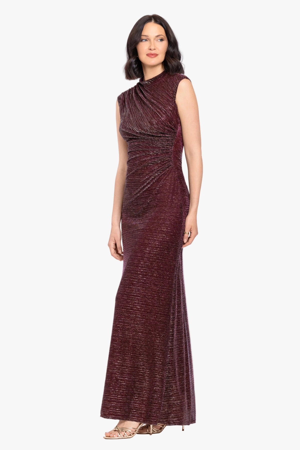 Petite "Nicole" Glitter Crinkle Mock Neck Dress - Wine/Gold | Betsy & Adam