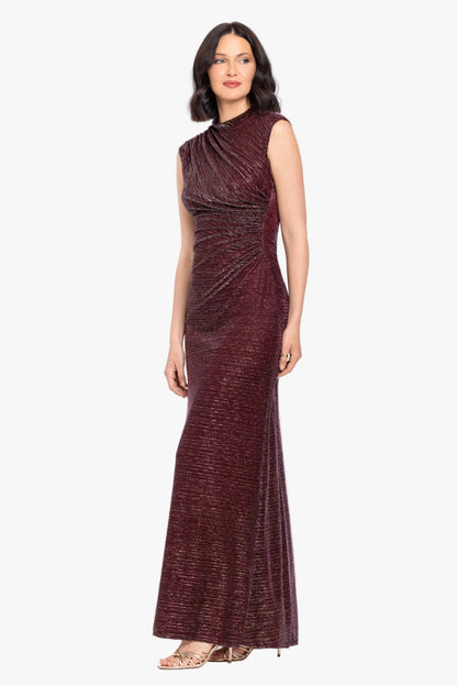 Petite "Nicole" Glitter Crinkle Mock Neck Dress - Wine/Gold | Betsy & Adam