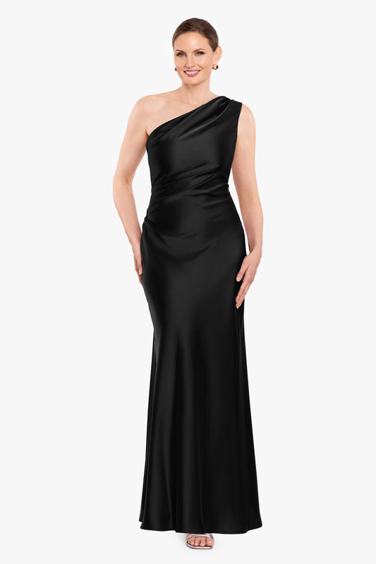 "Magnolia" Satin One Shoulder Dress - Black | Betsy & Adam