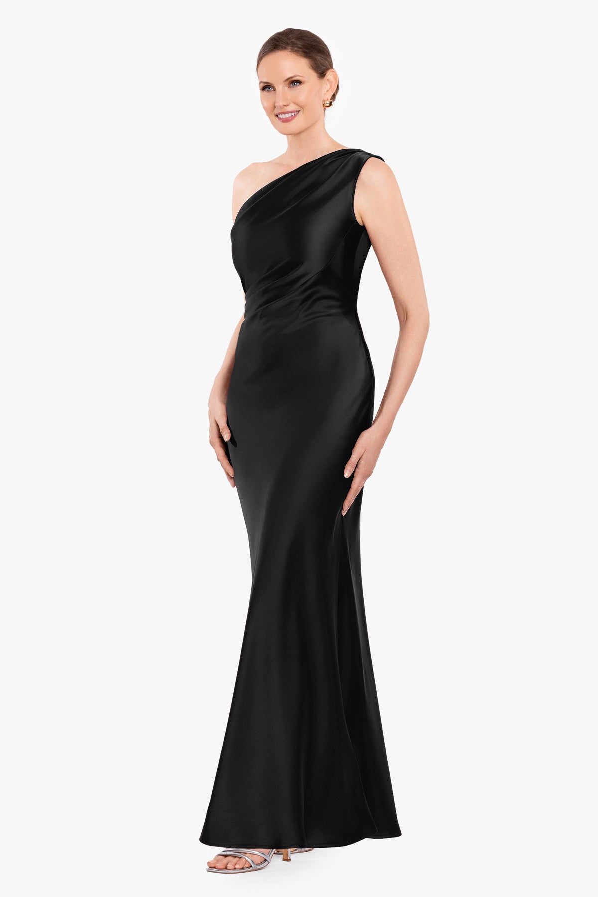 "Magnolia" Satin One Shoulder Dress - Black | Betsy & Adam
