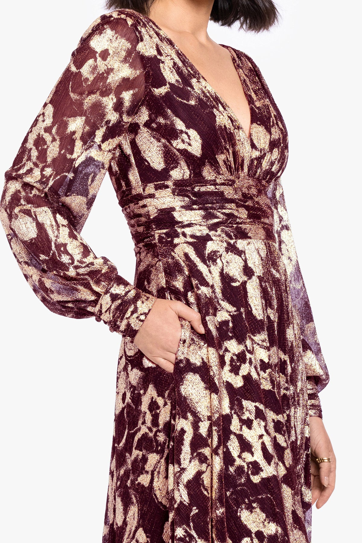 "Melanie" Metallic Knit V-Neck Long Sleeve Dress - Wine/Gold | Betsy & Adam