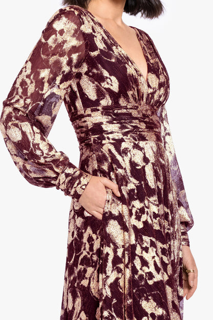 "Melanie" Metallic Knit V-Neck Long Sleeve Dress - Wine/Gold | Betsy & Adam