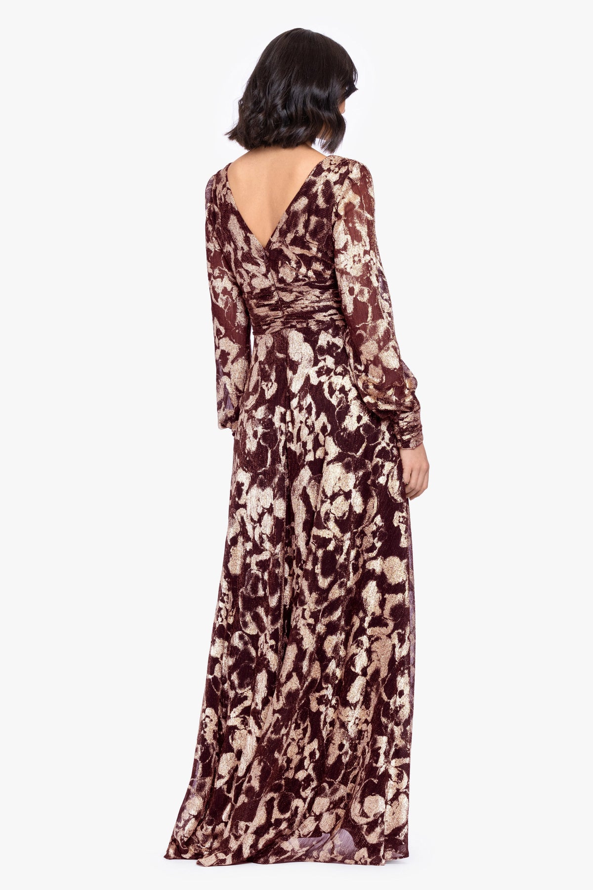 "Melanie" Metallic Knit V-Neck Long Sleeve Dress - Wine/Gold | Betsy & Adam
