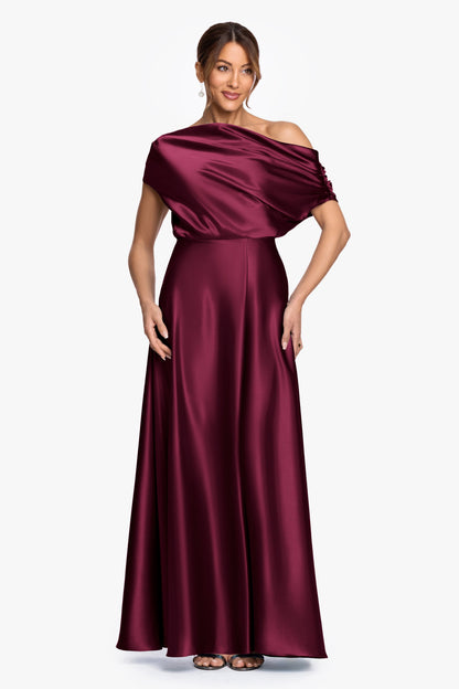 "Soley" Satin Off The Shoulder Ruched Gown - Burgundy | Betsy & Adam
