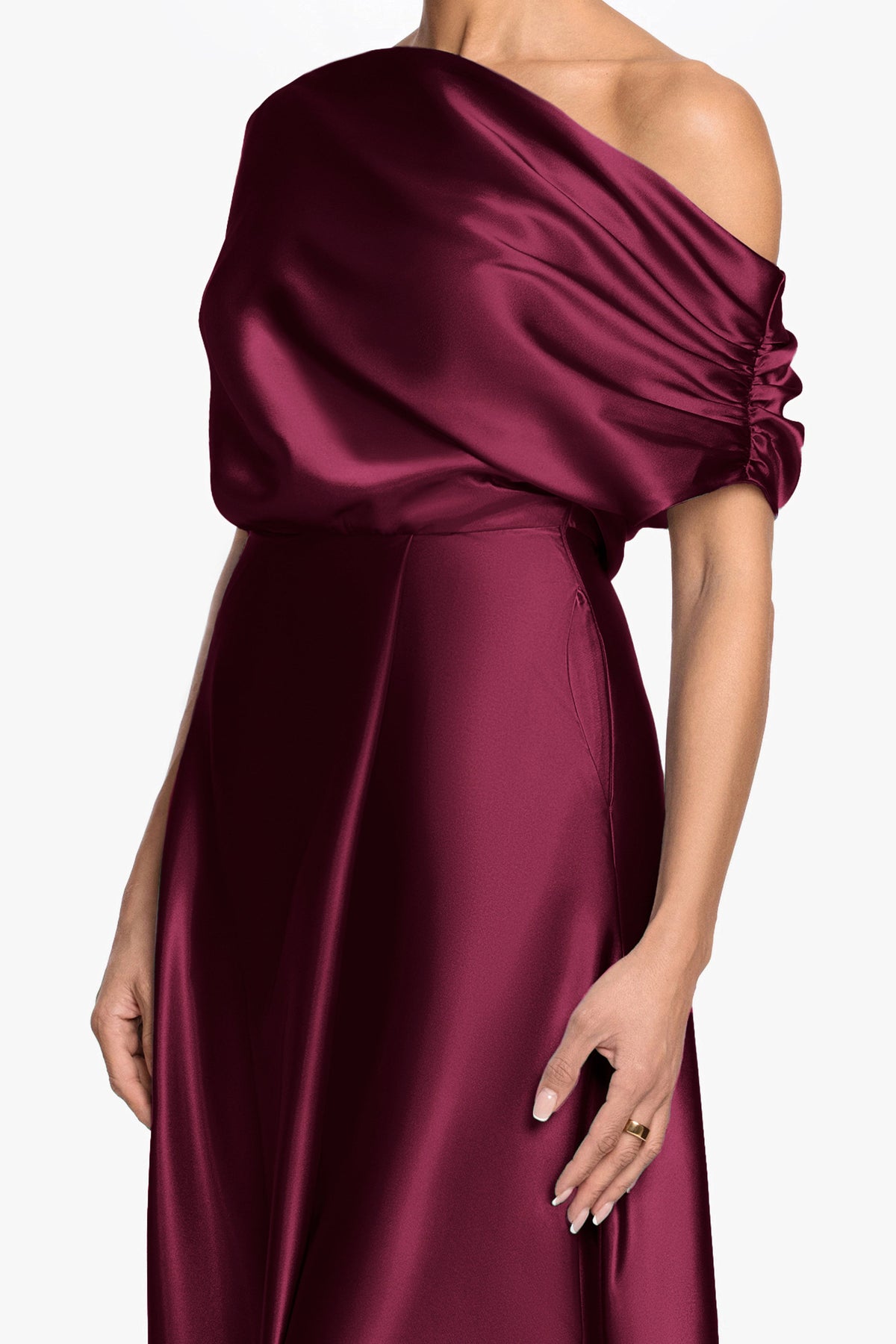 "Soley" Satin Off The Shoulder Ruched Gown - Burgundy | Betsy & Adam