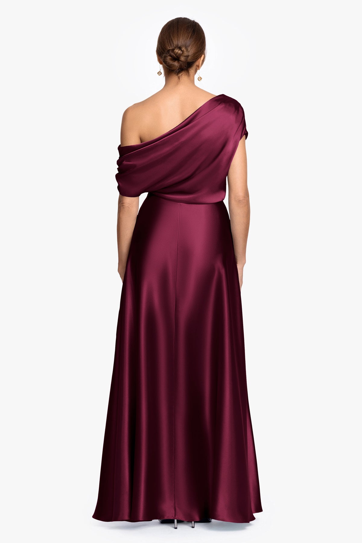 "Soley" Satin Off The Shoulder Ruched Gown - Burgundy | Betsy & Adam