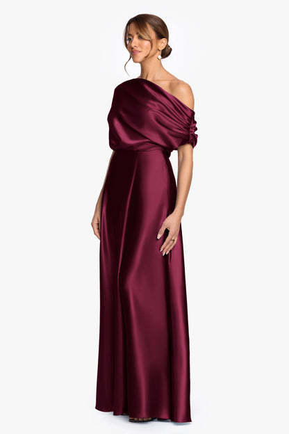 "Soley" Satin Off The Shoulder Ruched Gown - Burgundy | Betsy & Adam