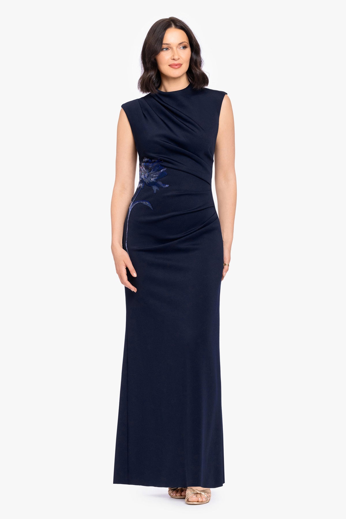 "Phoebe" Techno Scuba Flower Applique Dress - Navy | Betsy & Adam