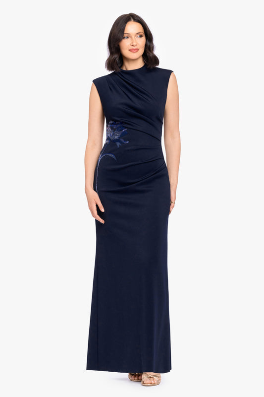 "Phoebe" Techno Scuba Flower Applique Dress - Navy | Betsy & Adam