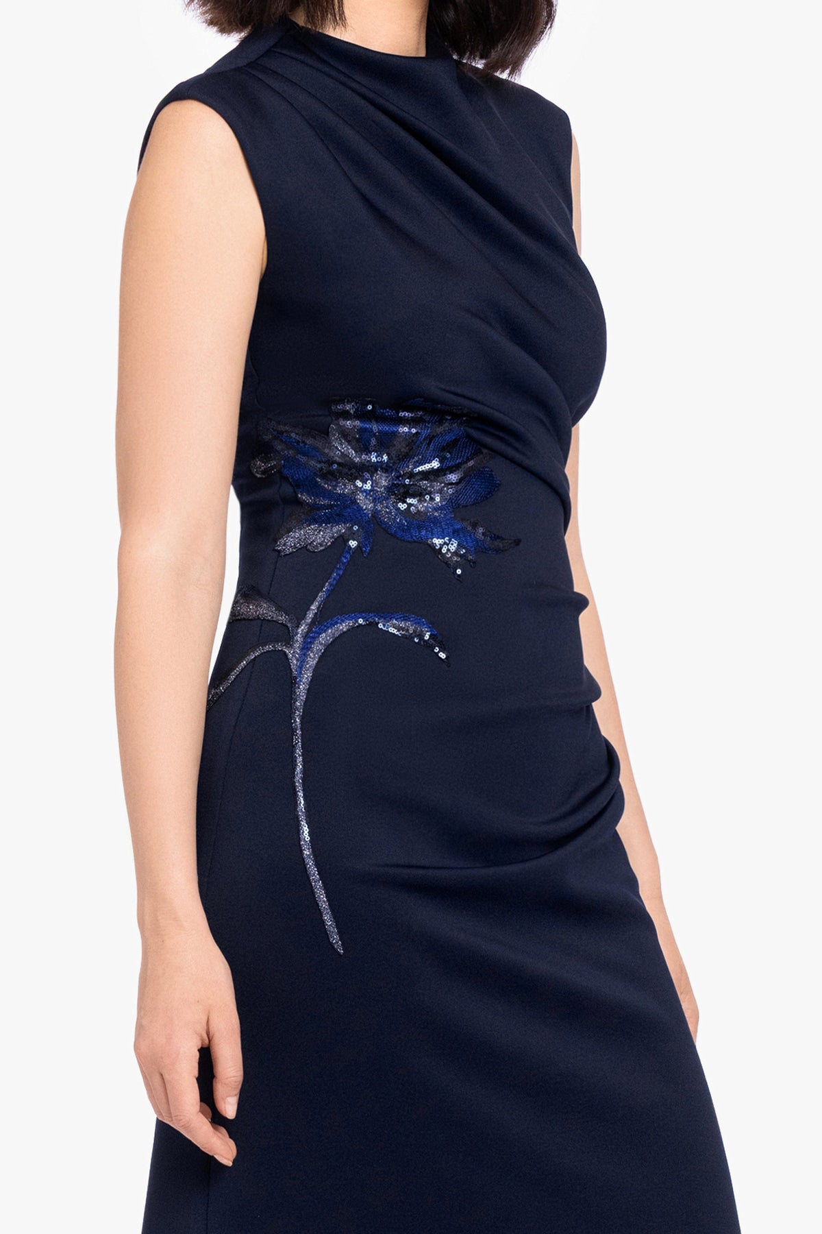"Phoebe" Techno Scuba Flower Applique Dress - Navy | Betsy & Adam