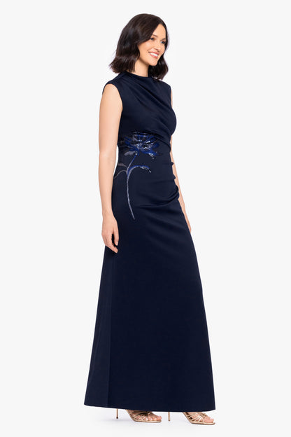 "Phoebe" Techno Scuba Flower Applique Dress - Navy | Betsy & Adam