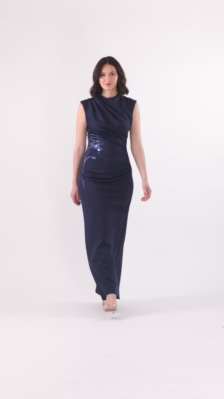"Phoebe" Techno Scuba Flower Applique Dress - Navy | Betsy & Adam