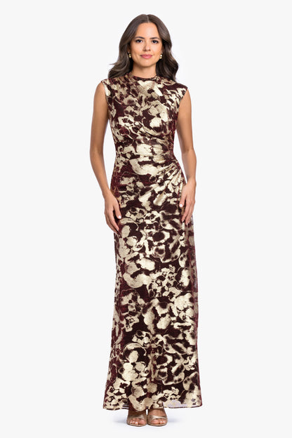 "Cory" Metallic Print Ruched Dress - Wine/Gold | Betsy & Adam