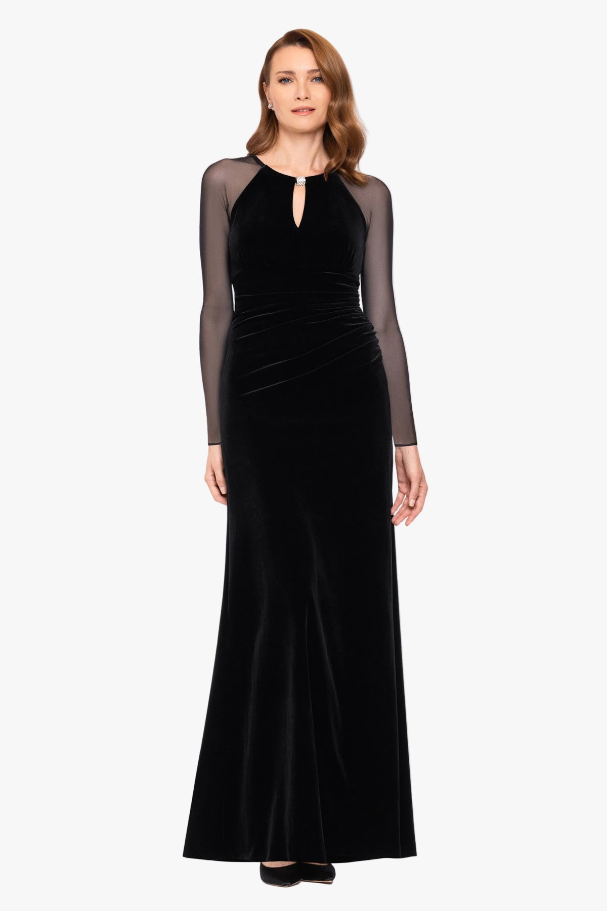 "Paris" Velvet & Mesh Long Sleeve Dress - Black | Betsy & Adam