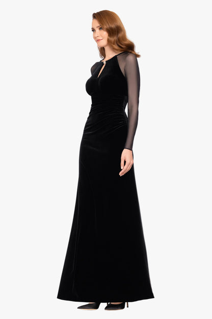 "Paris" Velvet & Mesh Long Sleeve Dress - Black | Betsy & Adam