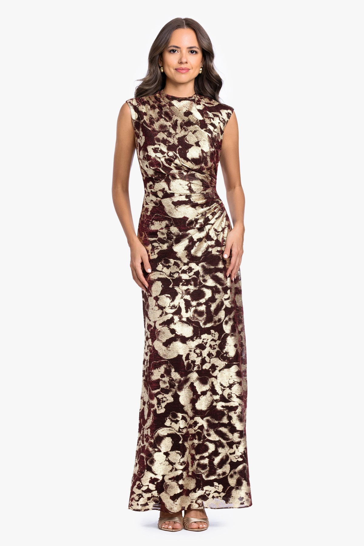 Petite "Cory" Metallic Print Ruched Dress - Wine/Gold | Betsy & Adam