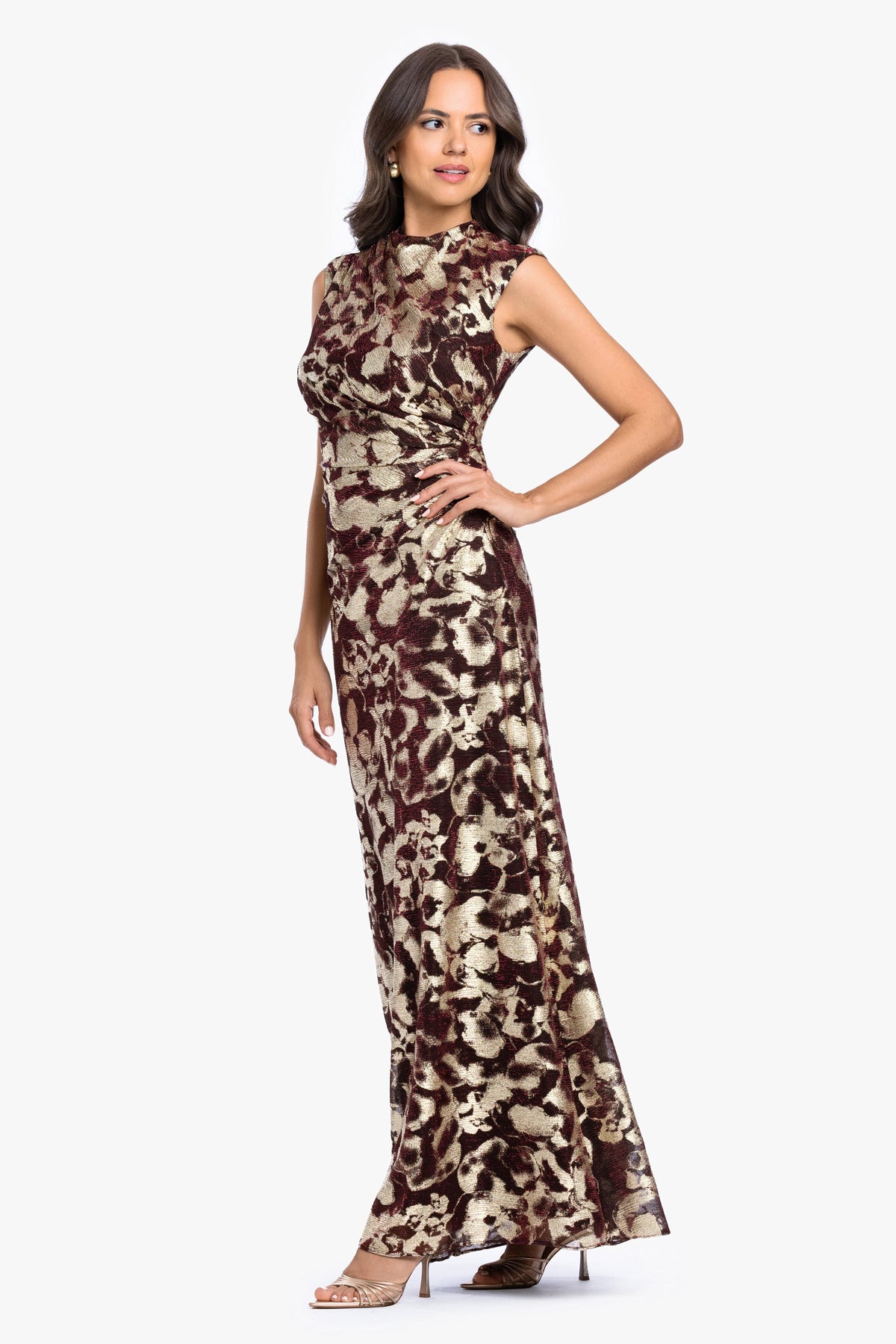 Petite "Cory" Metallic Print Ruched Dress - Wine/Gold | Betsy & Adam