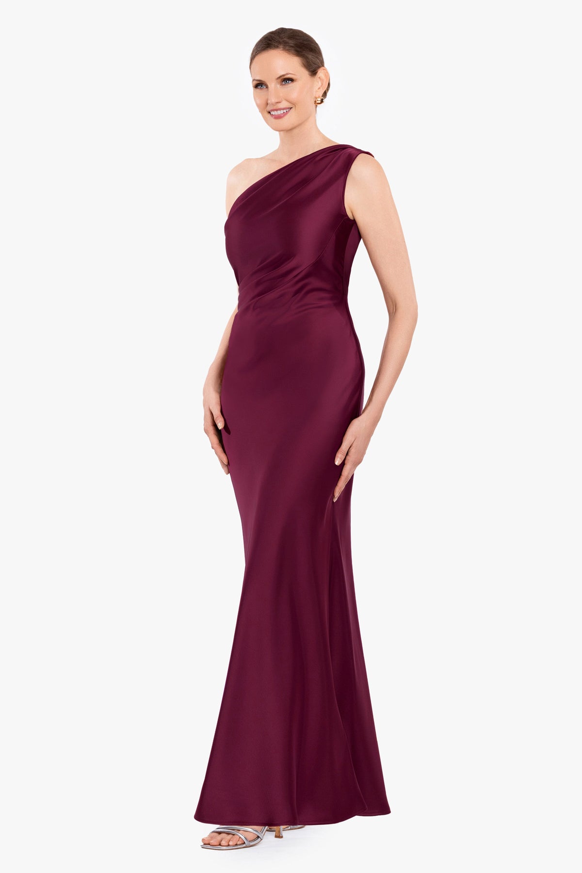 "Magnolia" Satin One Shoulder Dress - Wine | Betsy & Adam